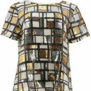 C Wonder Allover Sequin Plaid Short Slv Top